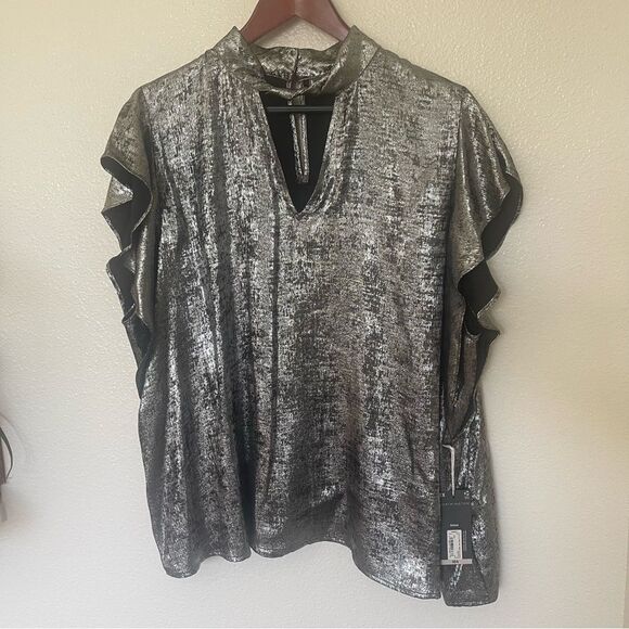 Worthington 2X Shimmering Silver Blouse Keyhole Neck Short Sleeve Satin - Picture 9 of 15